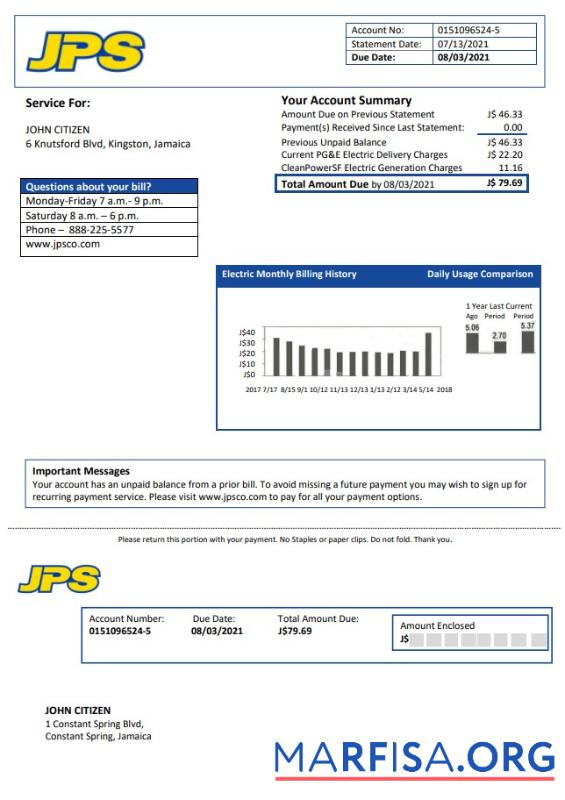 Printable Jamaica Public Service (JPS) electricity utility bill template in Word and PDF format